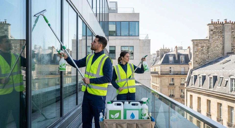 Une équipe de nettoyage professionnels portant des vêtements de travail adaptés (gilets de sécurité, uniformes) utilisant des produits écolabellisés lors d'une intervention de nettoyage. Montrer des agents appliquant des produits de nettoyage écologiques sur une surface professionnelle (vitres, façade ou sol), avec des produits reconnaissables comme respectueux de l'environnement. L'image doit transmettre la professionnalité, la maîtrise technique et l'engagement écologique lors d'une véritable intervention de nettoyage.